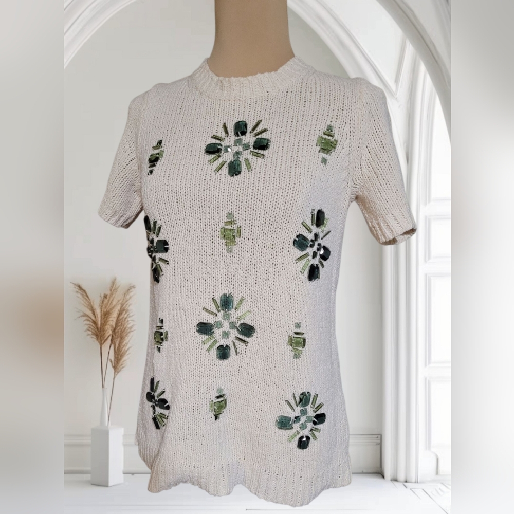 J. Crew Short Sleeve Knit With Green Embellishments